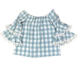 VaVa by Joy Han Blue and White Checkered Top with Ruffle Sleeves Size Medium